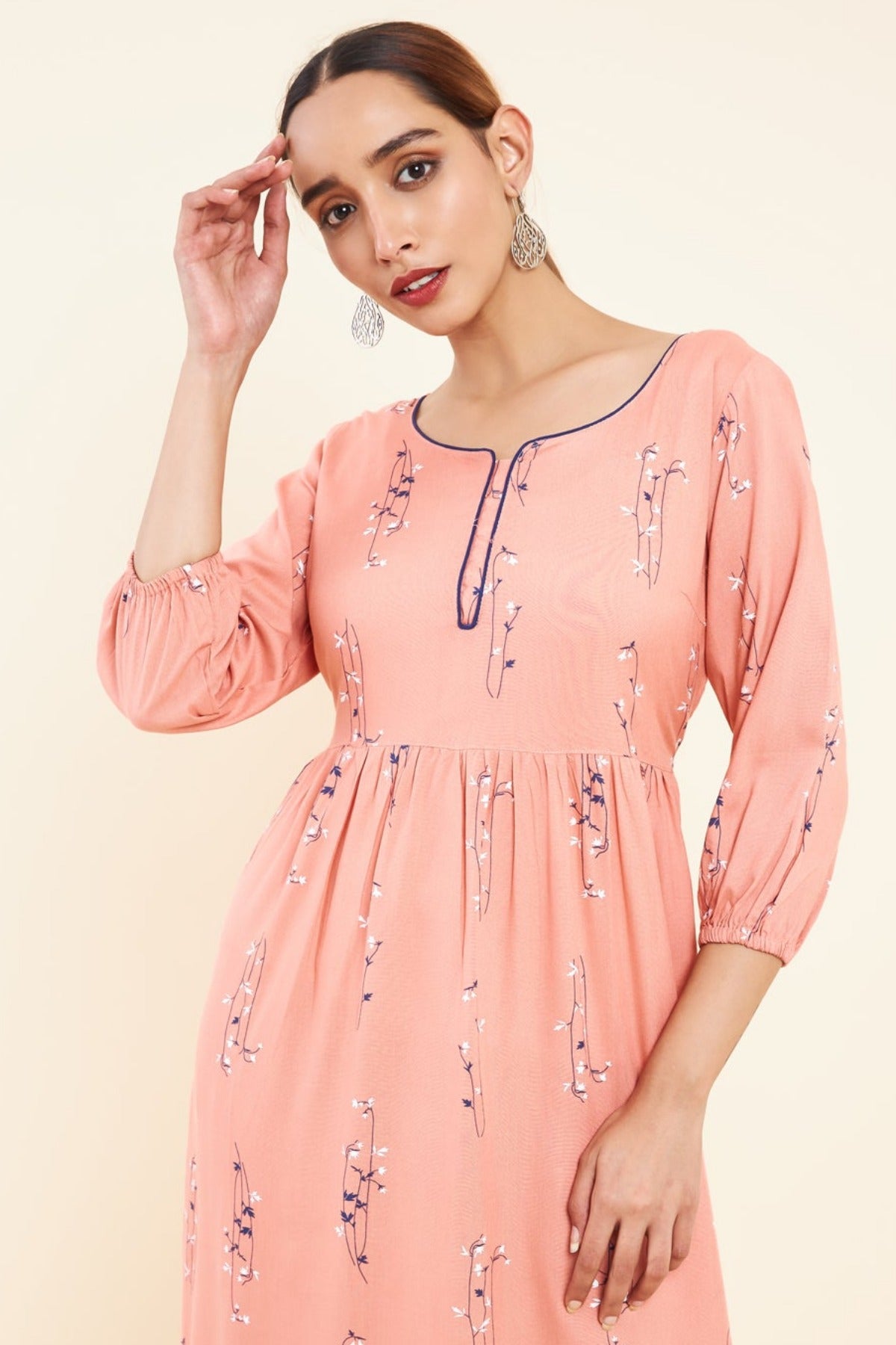 All Over Floral Printed A Line Kurta Peach