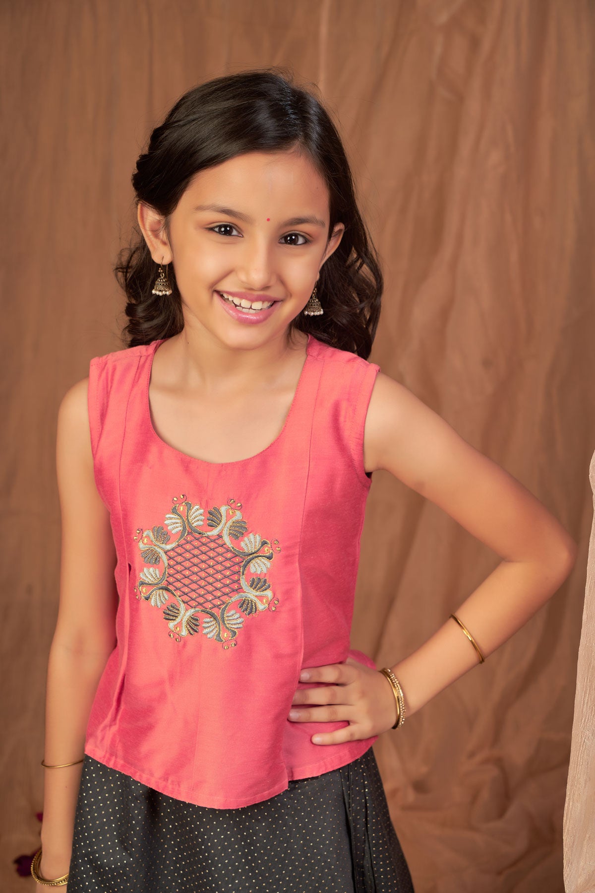Ethnic Embroidered Top with Polka Dot Skirt - Pink & Black