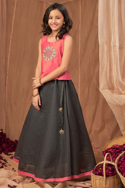 Ethnic Embroidered Top with Polka Dot Skirt - Pink & Black