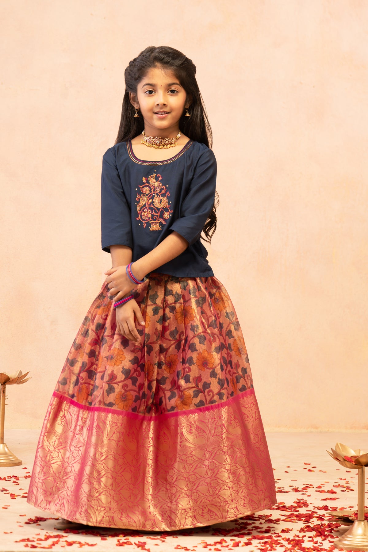 Contrast Placement  Peacock Embroidered Top & All Over Digital Floral Skirt Set - Navy & Pink