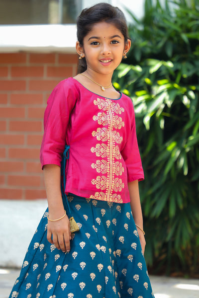 Floral Motif Placement Printed Sleeveless Top Ethnic Motif Printed Skirt Set Pink Blue