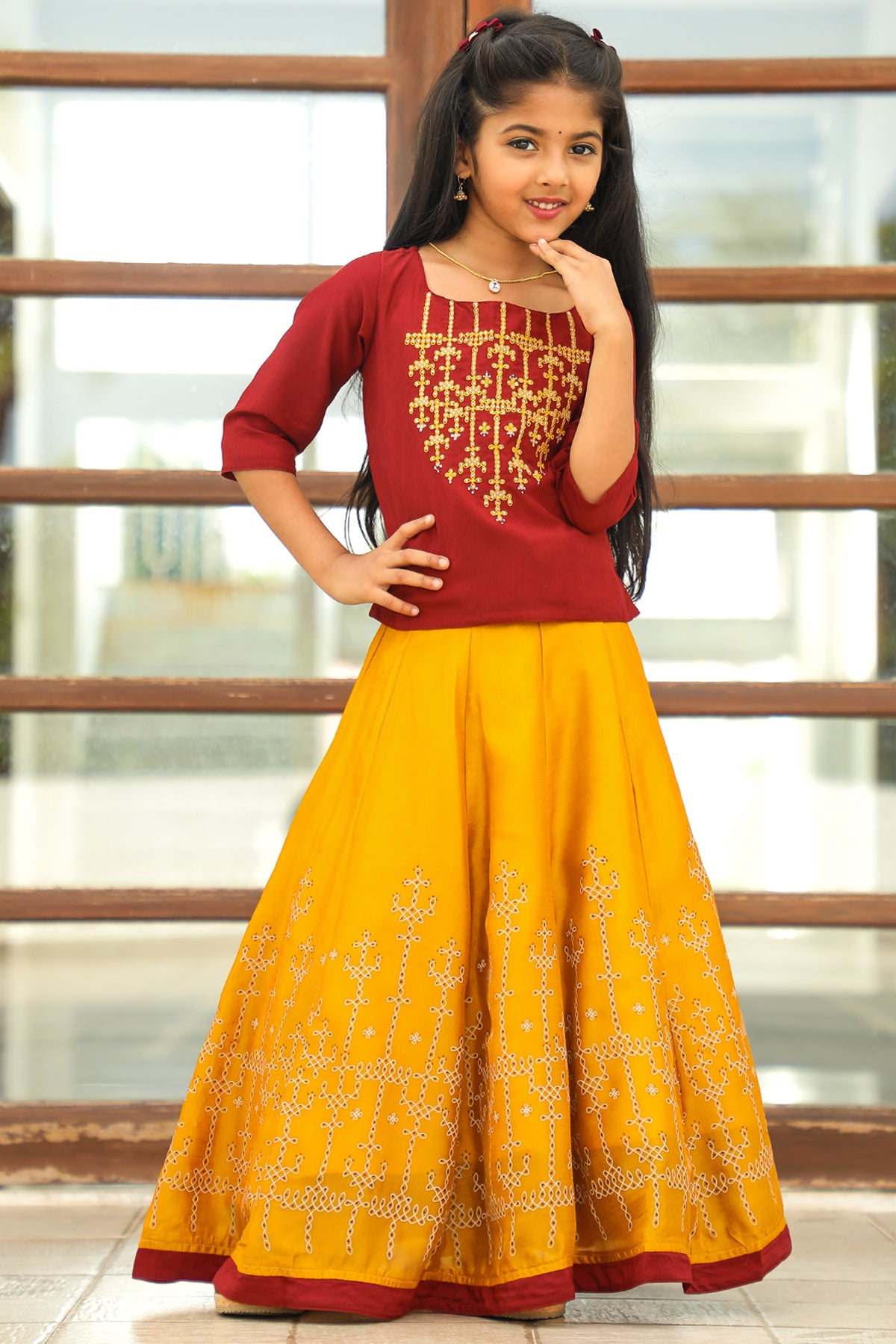 Ethnic Kolam Motif Embroidered Top All Over Kolam Printed Skirt Set Maroon Mustard