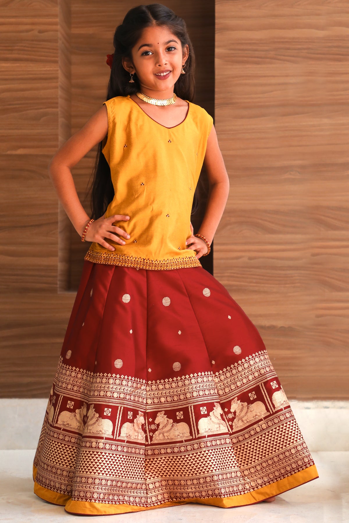 All Over Ethnic Motif Embroidered Sleeveless Top Nandhi Motif Printed Skirt Set Mustard Maroon