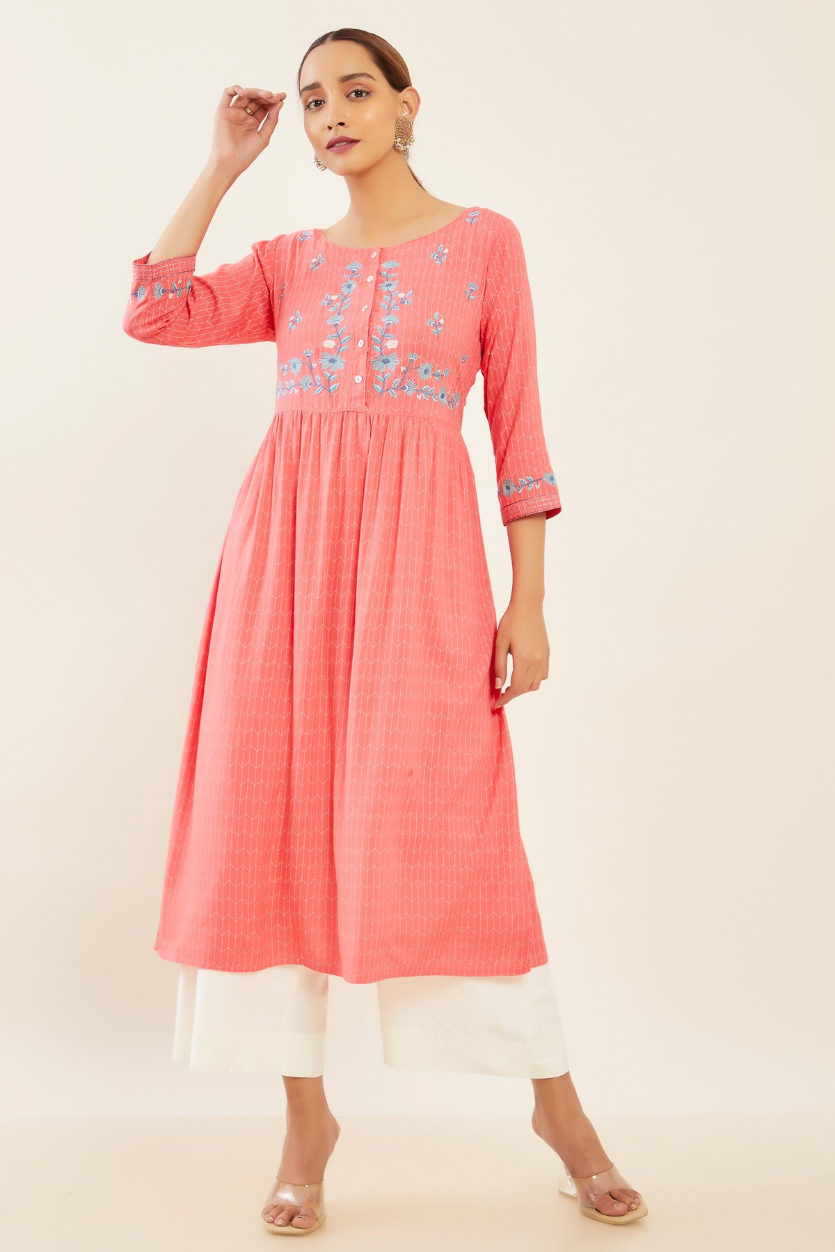 Contrast Foil Mirror Embroidered A Line Pleated Kurta Pink