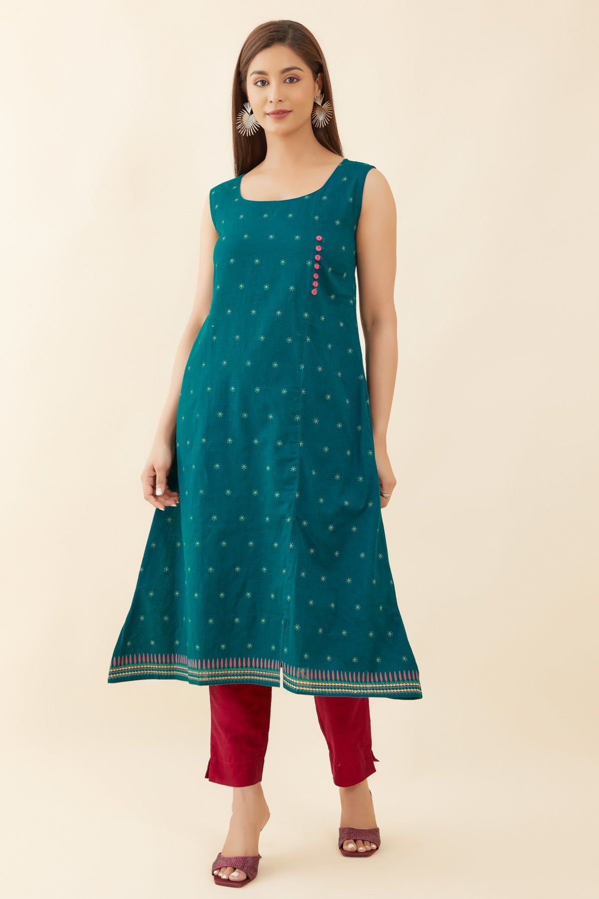All Over Floral Sleeveless With Side Slit A-Line Kurta - Green
