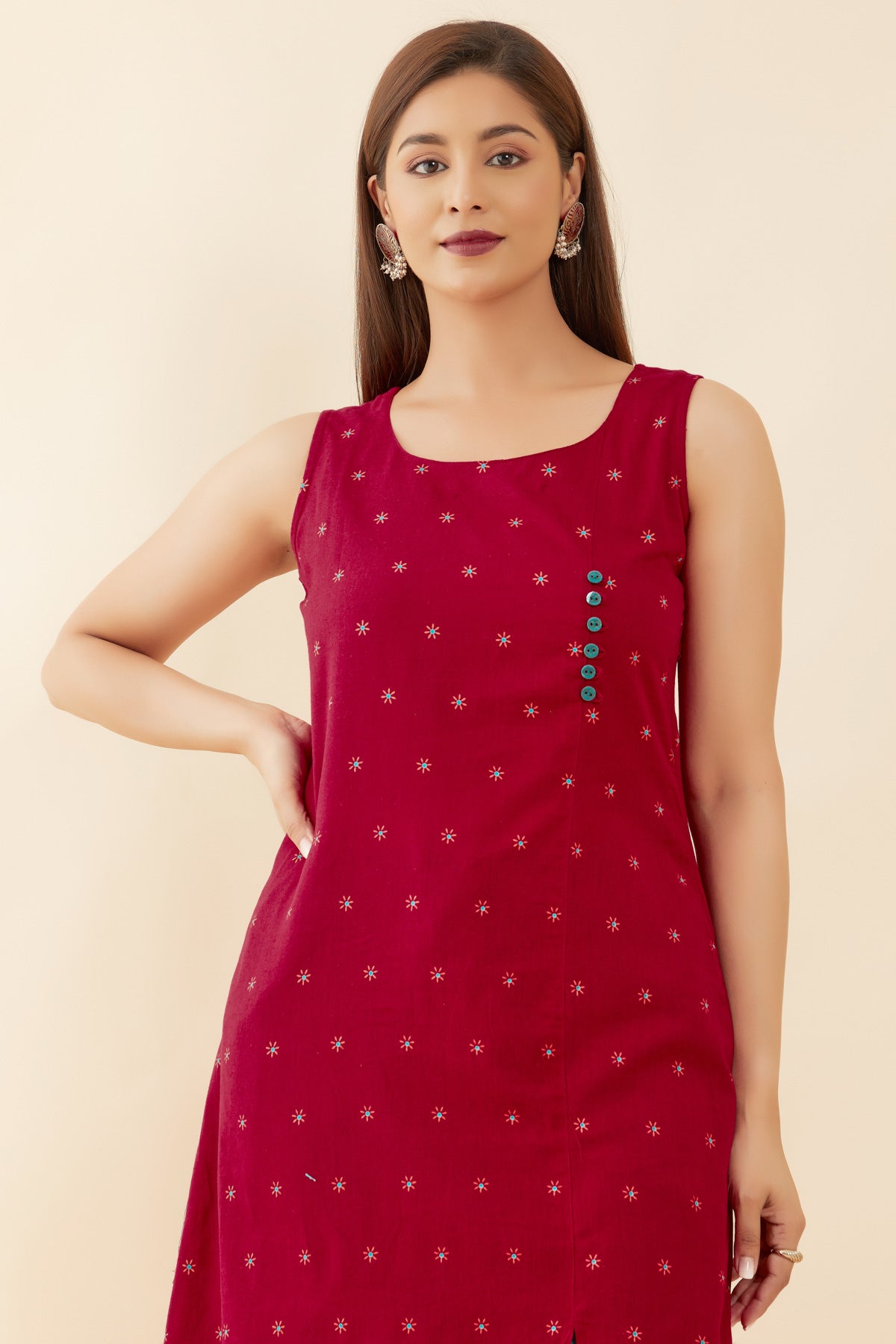 All Over Floral Sleeveless With Side Slit A Line Kurta Pink