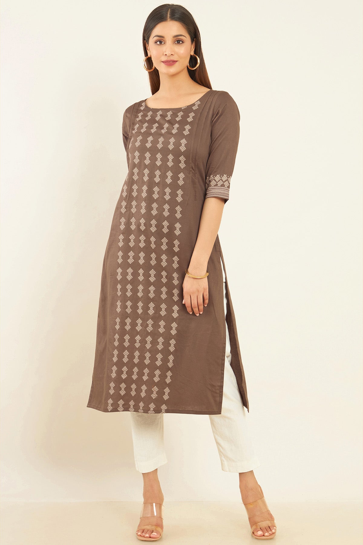 Geometric Motif Printed Women's Kurta - Brown