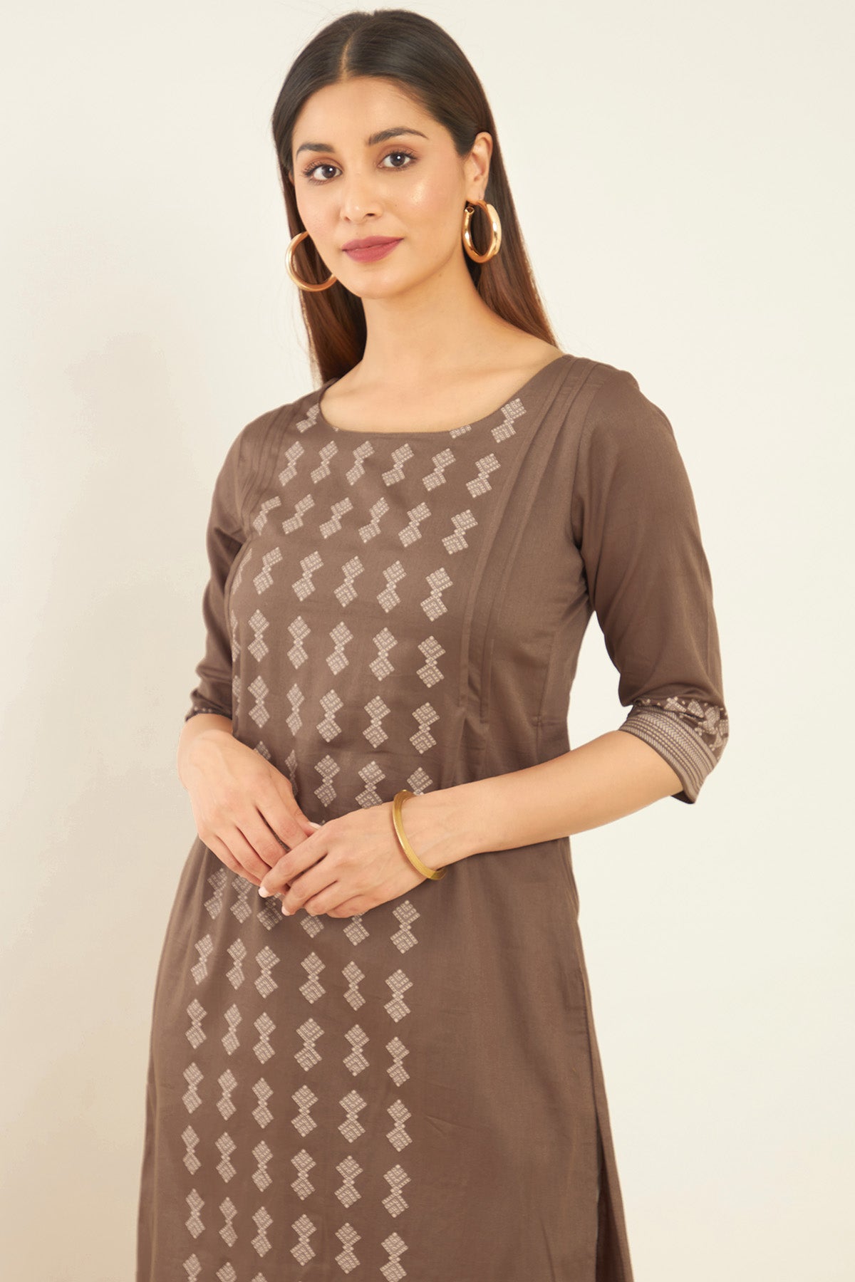 Geometric Motif Printed Women's Kurta - Brown