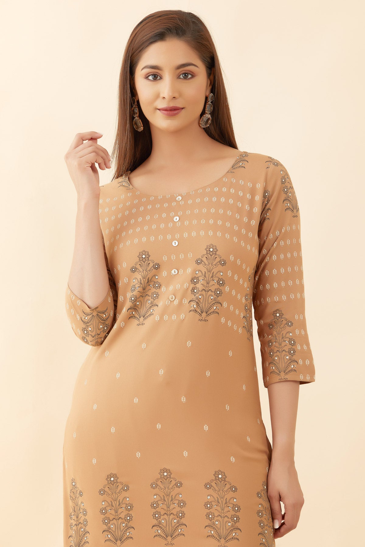 All Over Damask Floral Print Kurta Brown