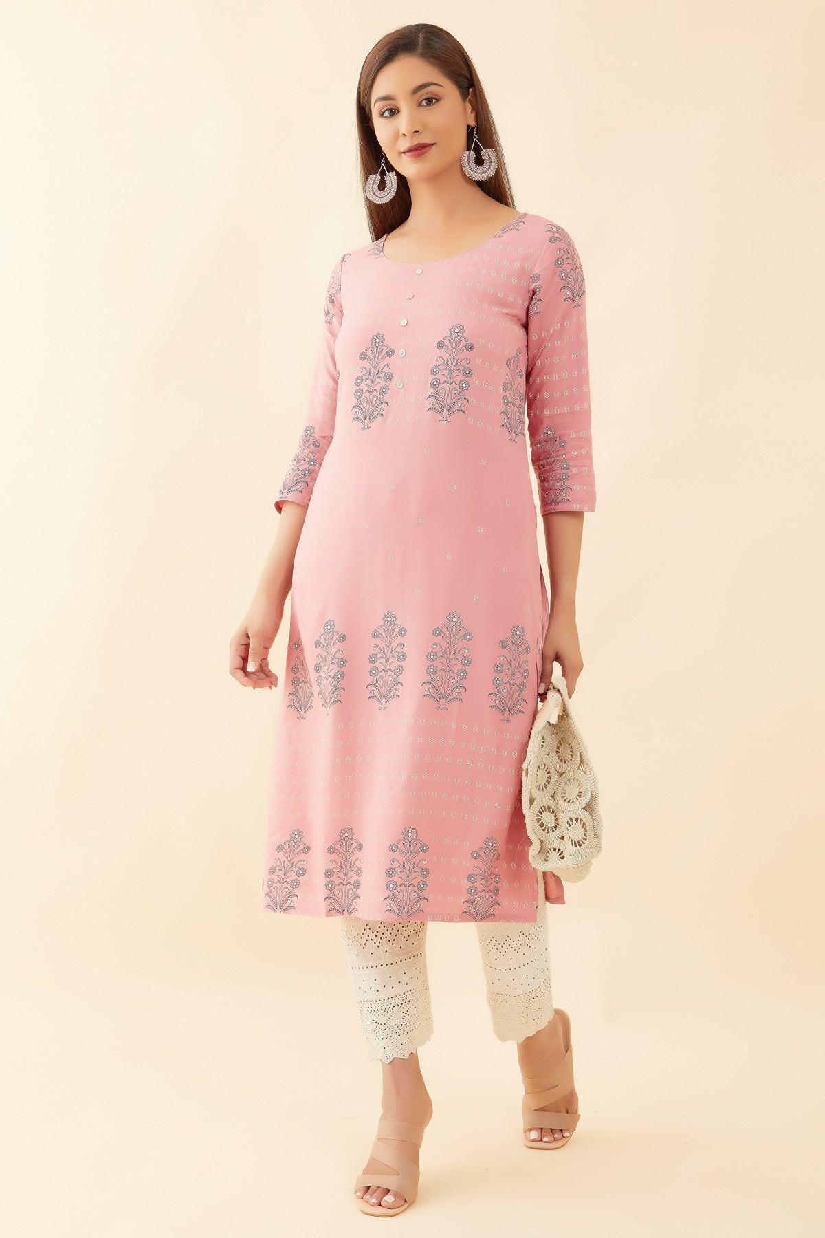 All Over Damask Floral Print Kurta Pink