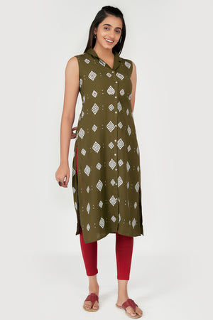 Mirror Embroidered Geometric Motif Women's Kurta - Green