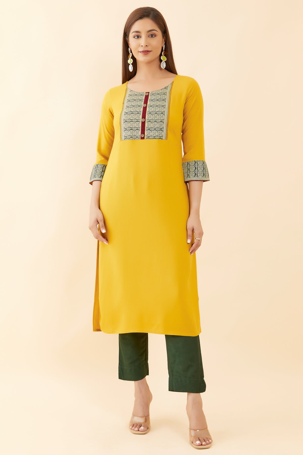 Geometric Printed Yoke Kurta Mustard