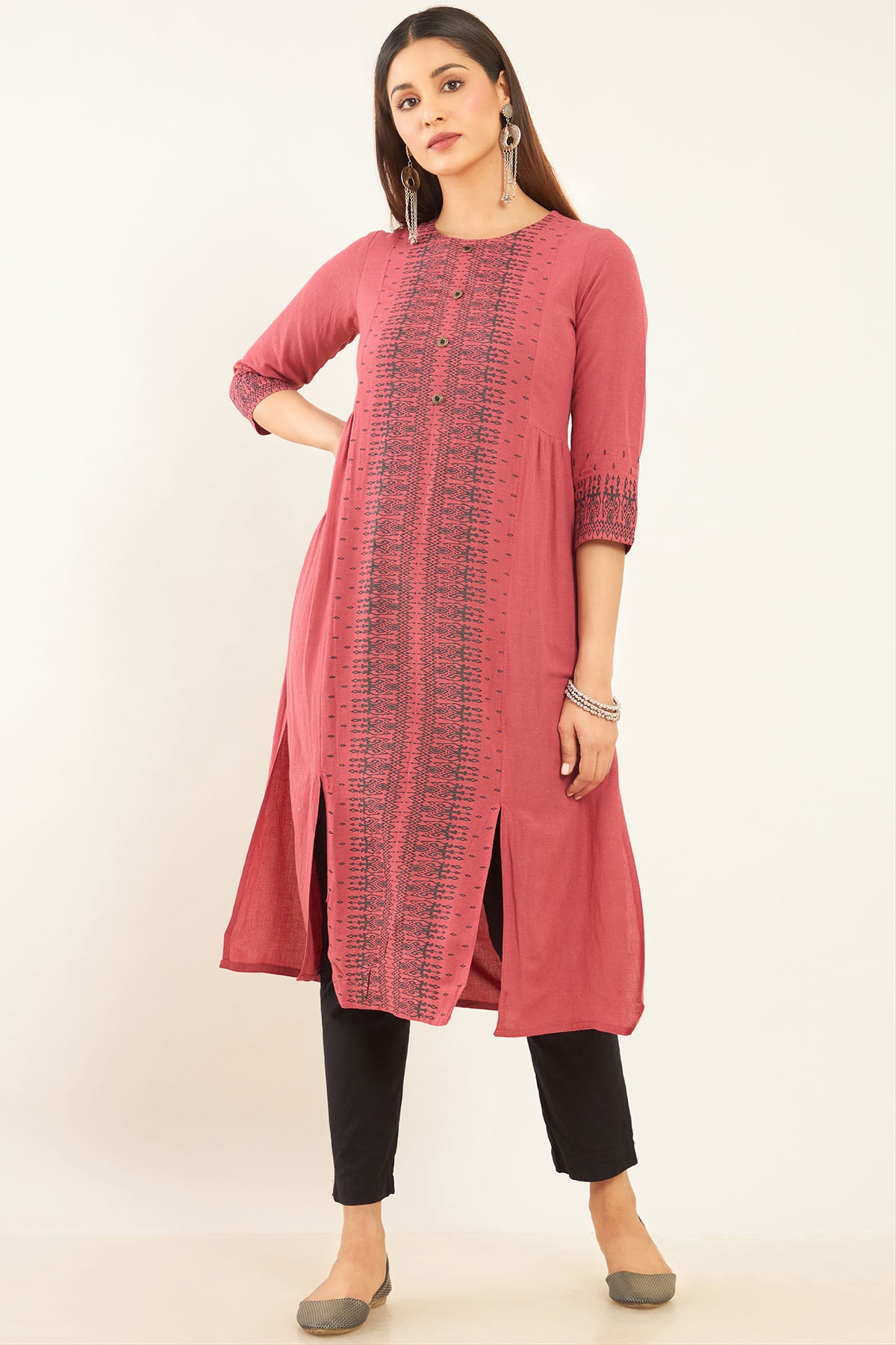 Abstract Printed Multi Slit A-Line Women's Kurta - Pink