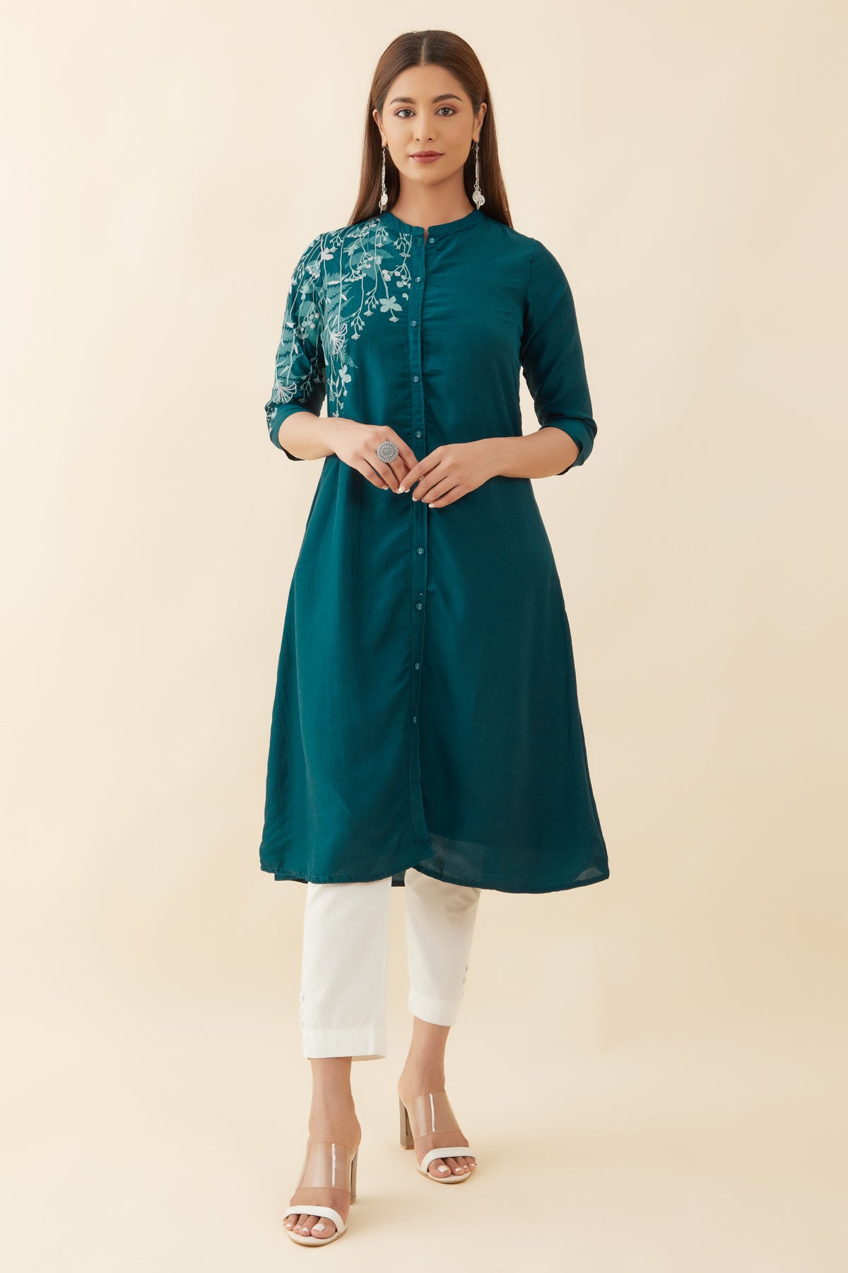 Floral Placement Printed  A-Line Kurta - Green