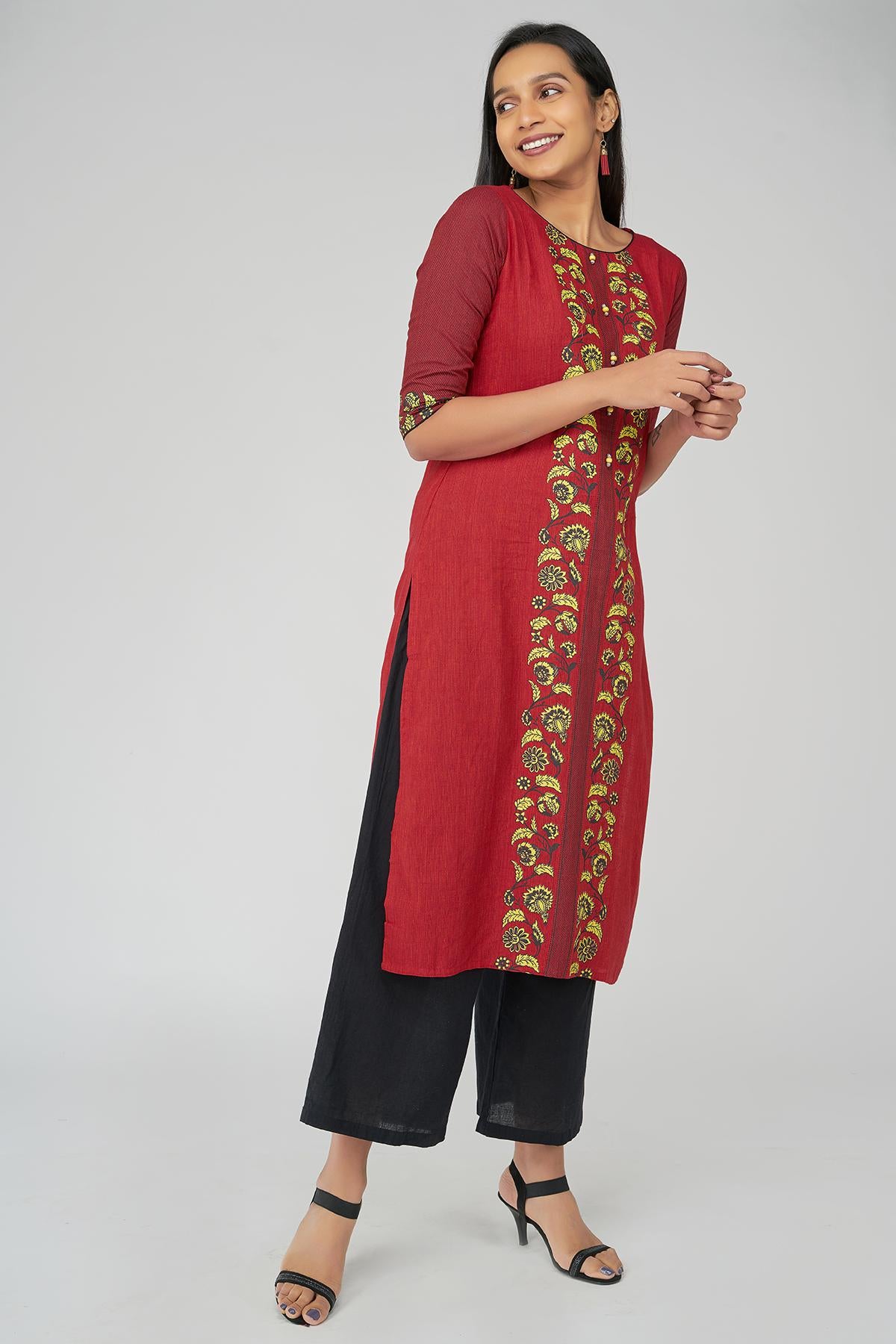 Scandinavian art floral printed kurta - Red