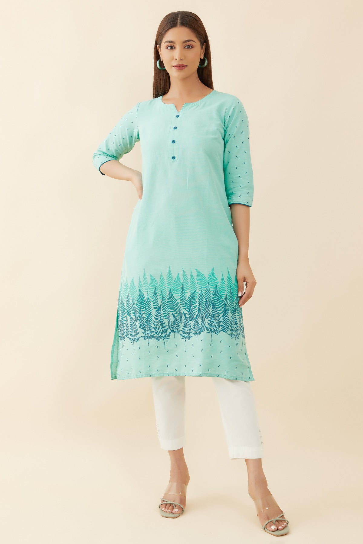 All Over Leaf Pattern Kurta Green