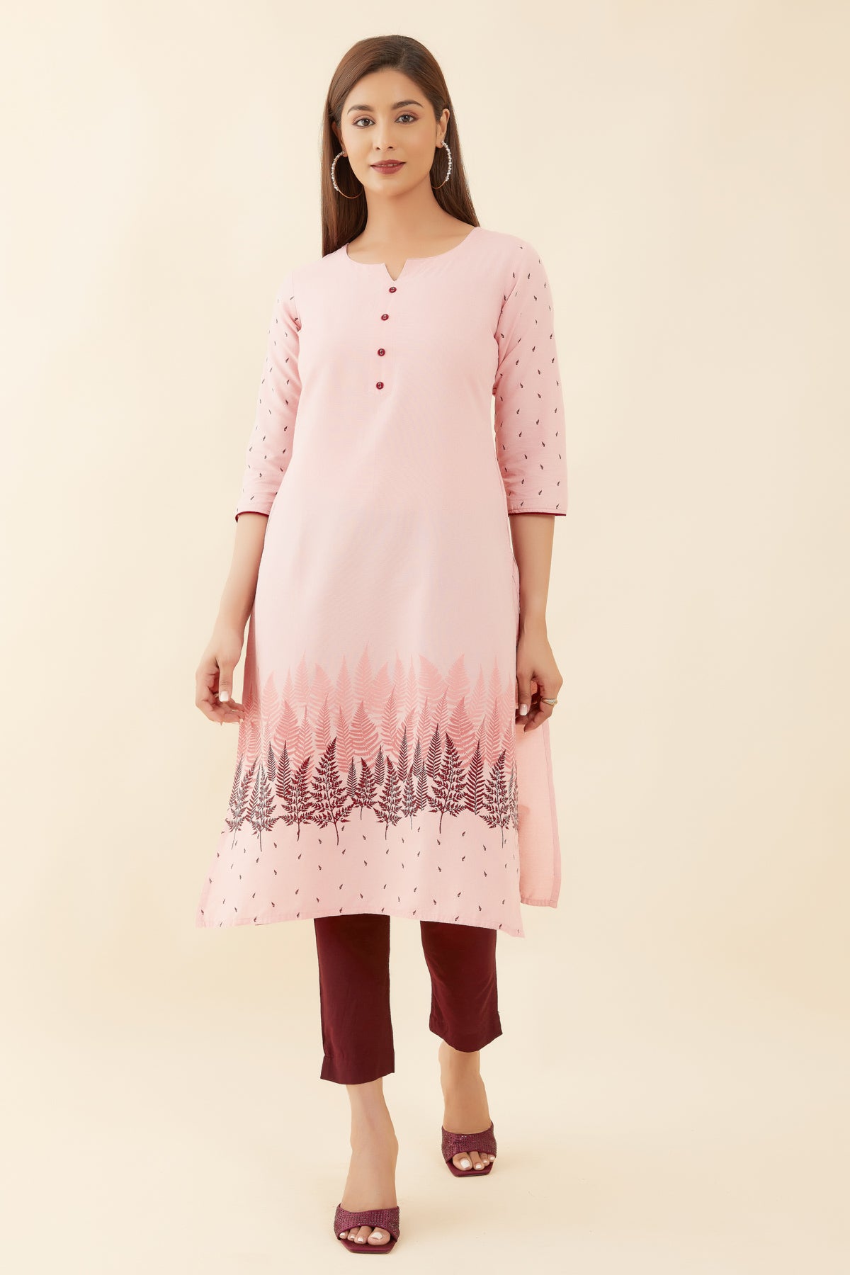 All Over Leaf Pattern Kurta Peach