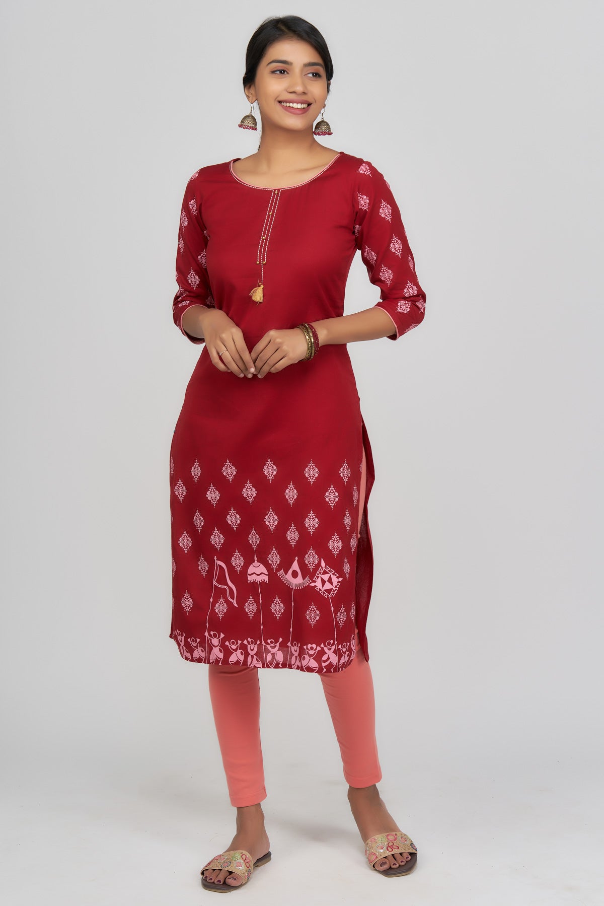 Lotus Print Kurta With Embroidery - Off White