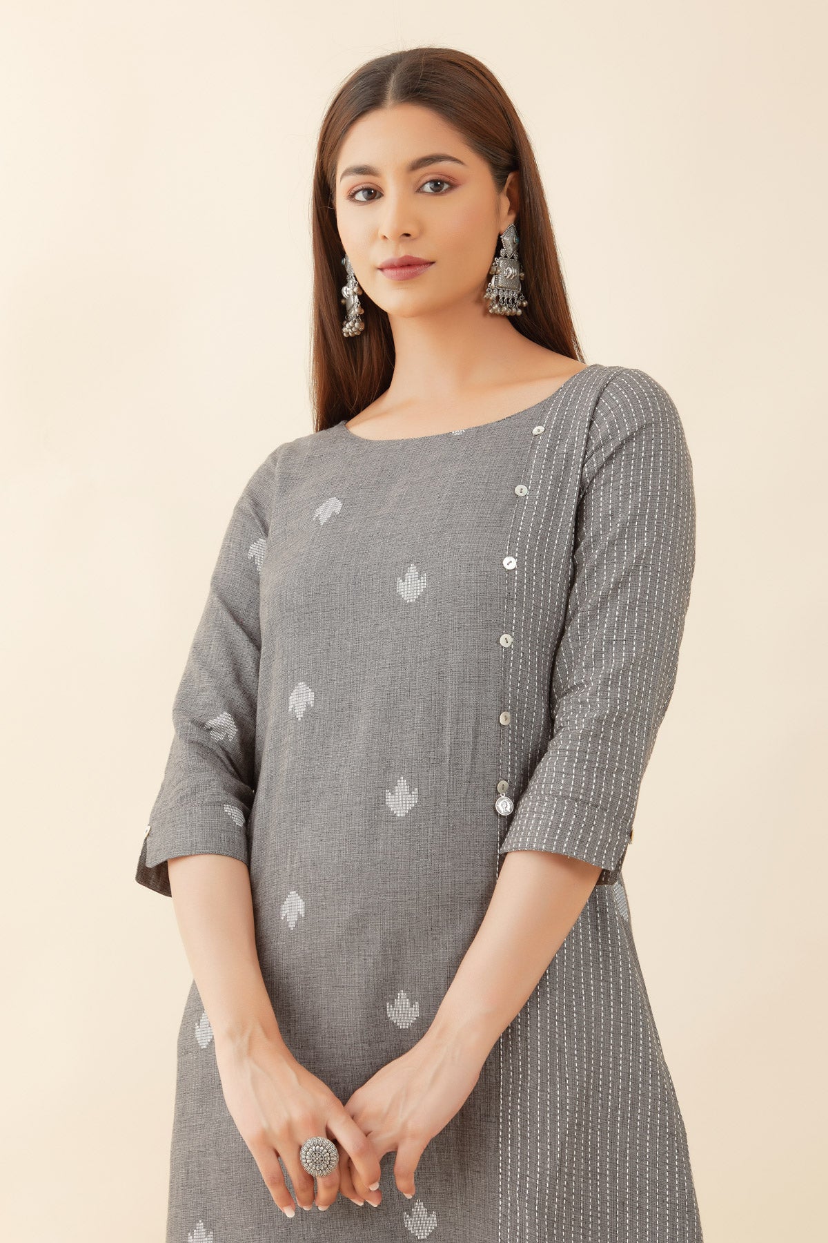 Geometric Pattern Dobby Weave A-Line Kurta - Grey