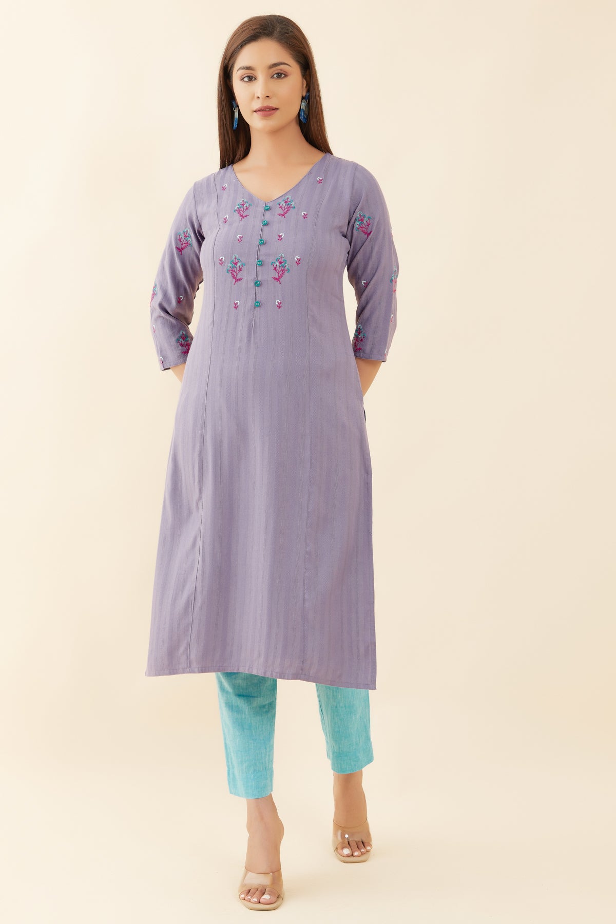 Contrast Floral Embroidered Kurta Purple