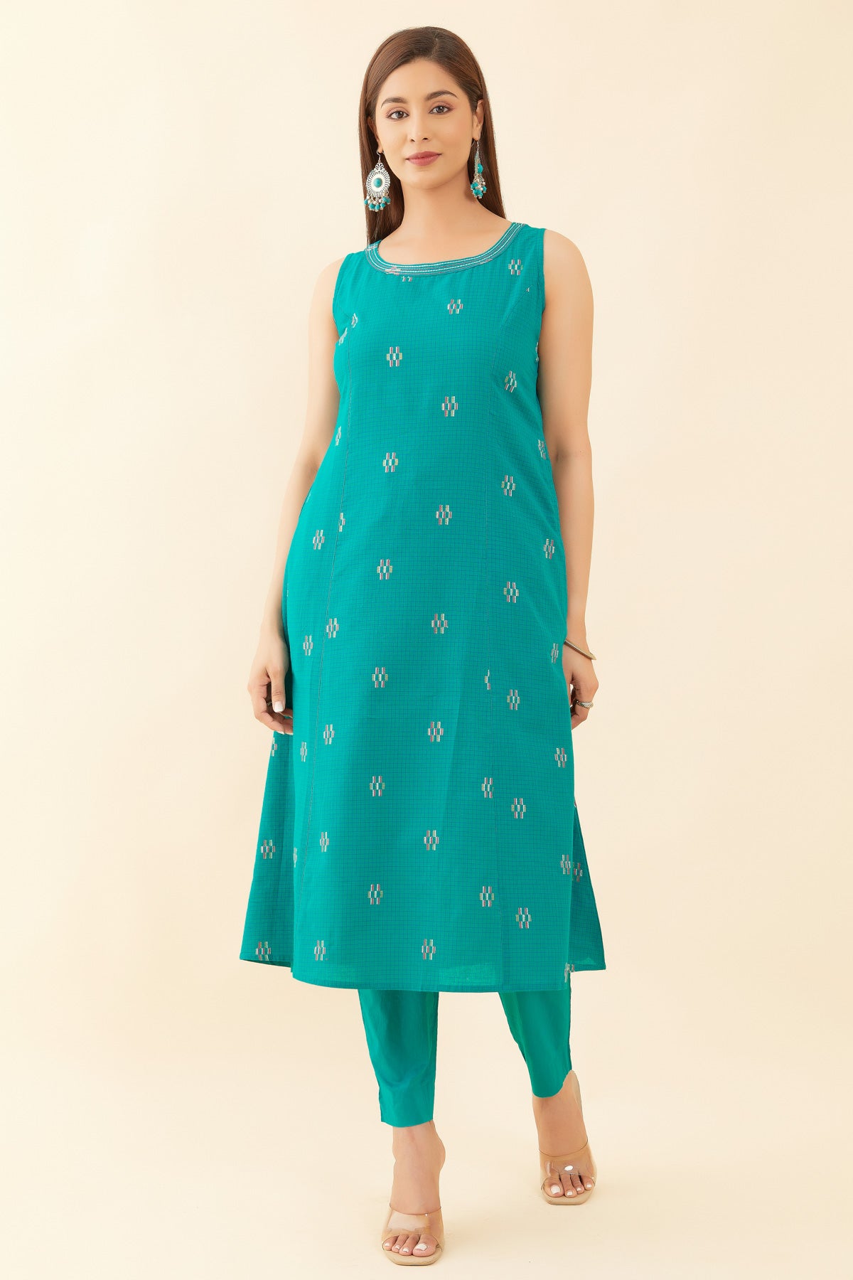 All Over Geometric Dobby Weave Sleeveless A Line Kurta Green