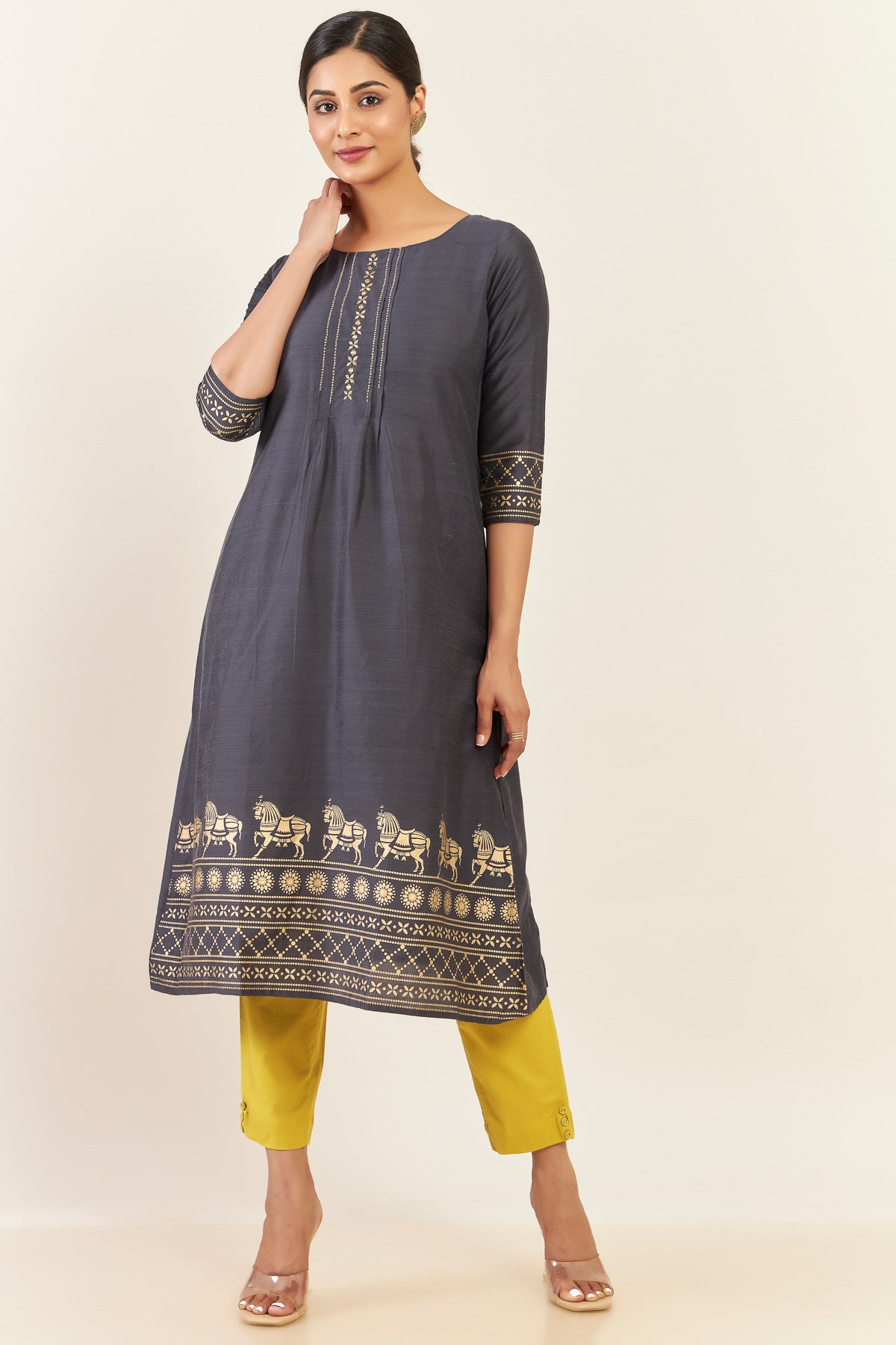 Floral Embroidery With Animal & geometric Printed Kurta - Grey