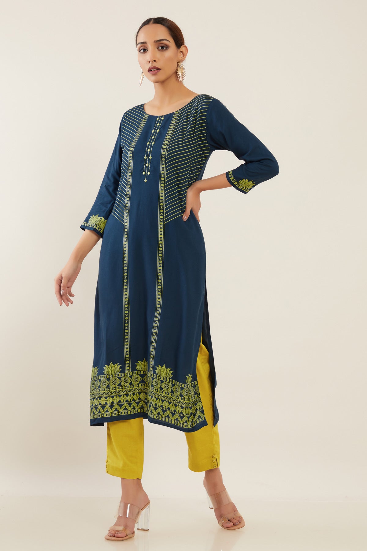 Lotus & Diagonal Stripes Printed Women's Kurta - Blue