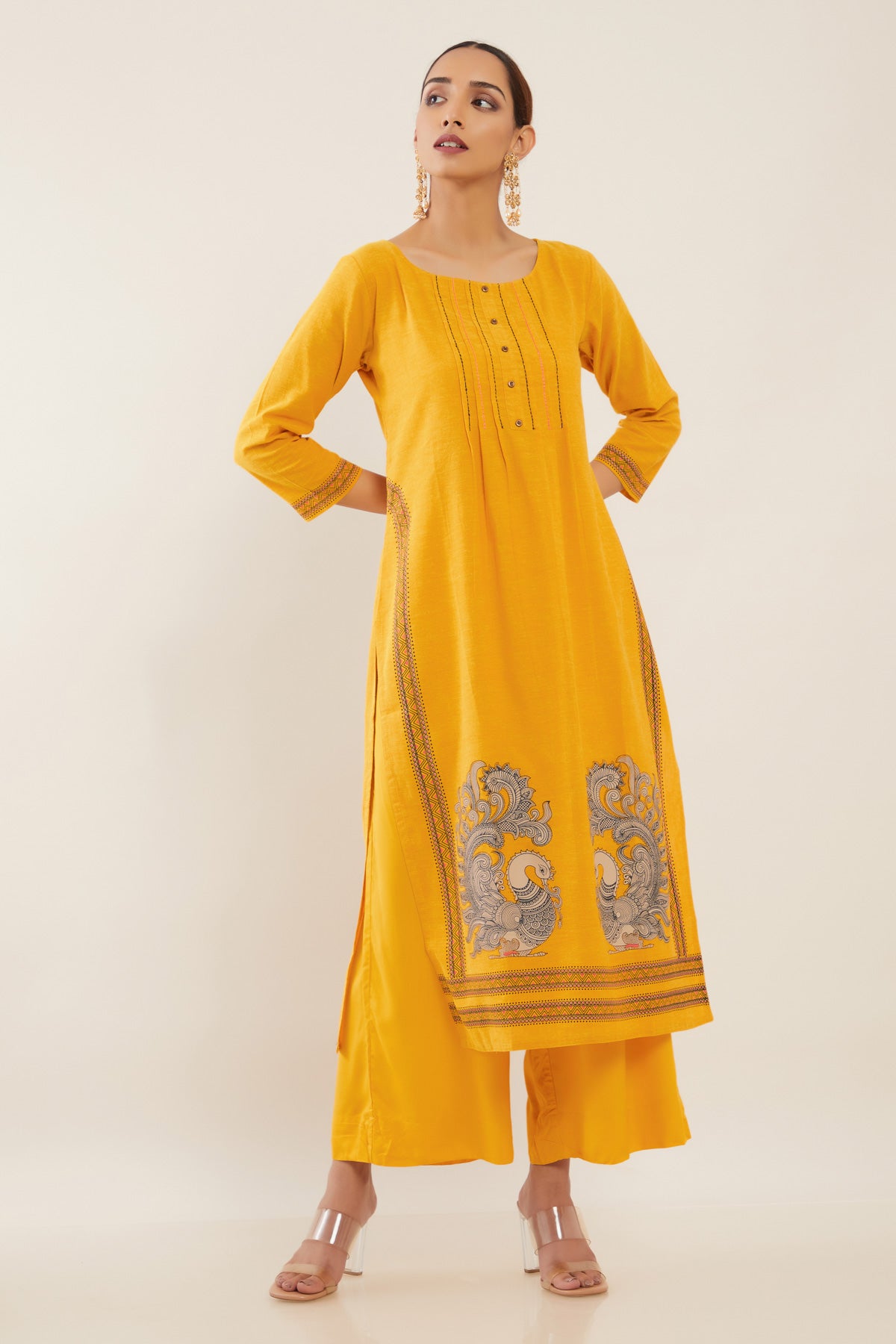 Peacock Printed Pin Tuck Women's Kurta - Yellow