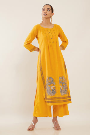 Peacock Printed Pin Tuck Women's Kurta - Yellow