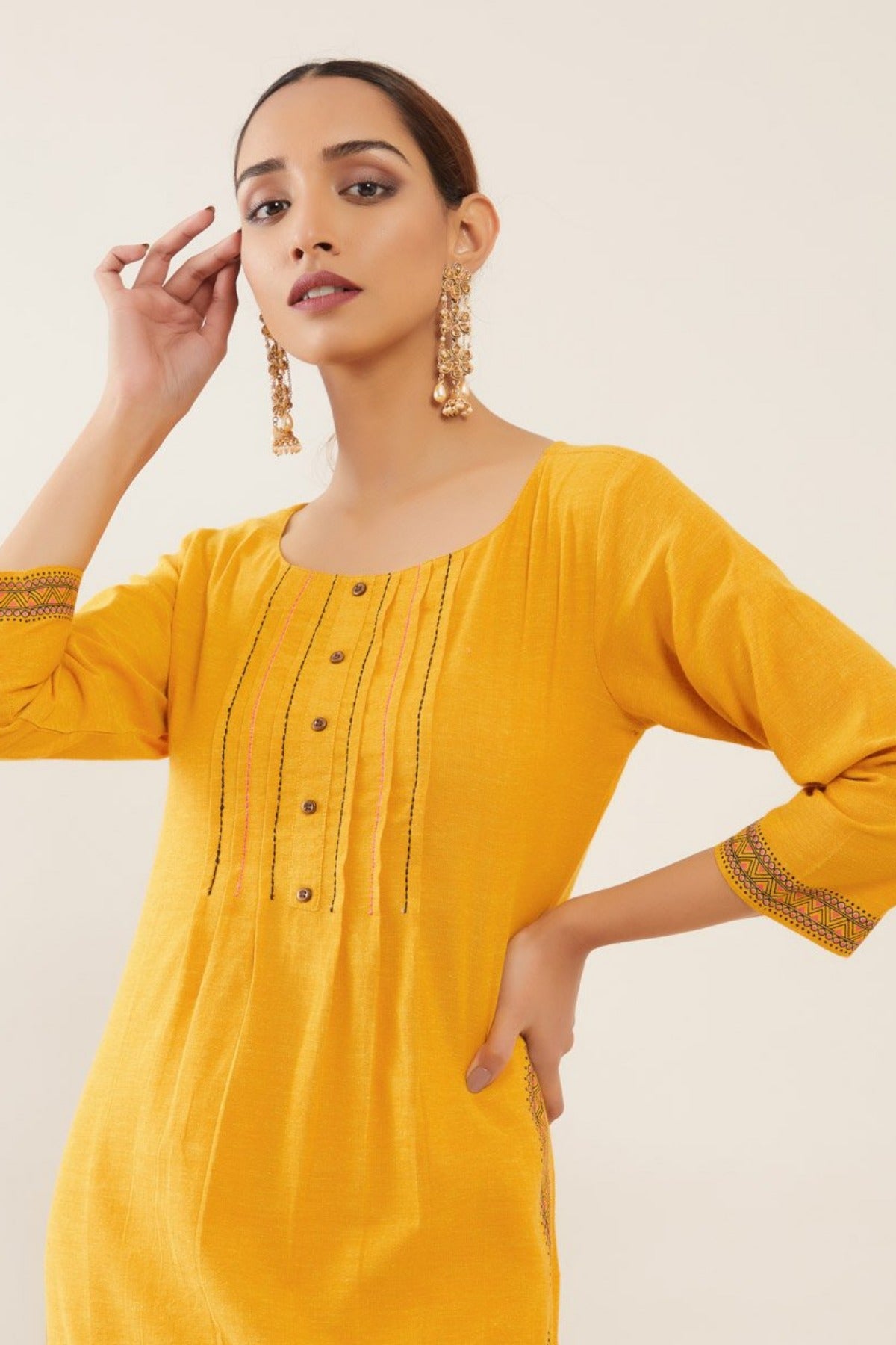 Peacock Printed Pin Tuck Women's Kurta - Yellow