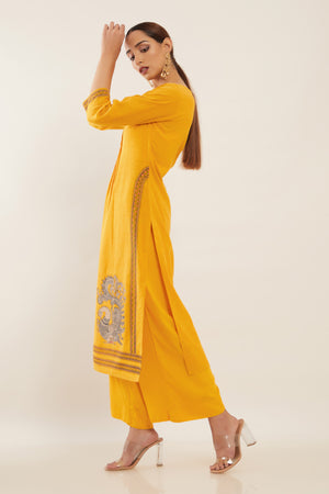 Peacock Printed Pin Tuck Women's Kurta - Yellow
