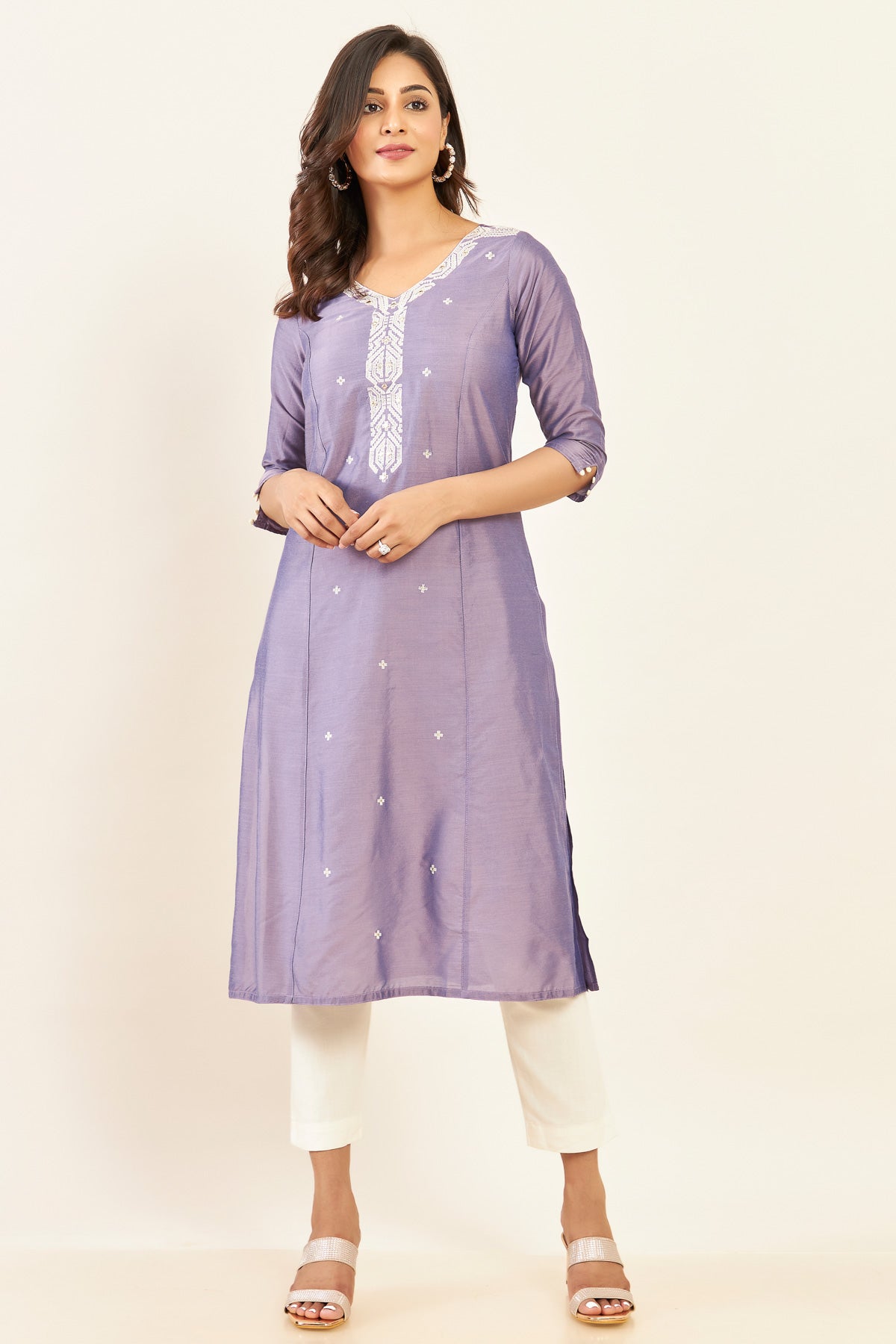 Foil Mirror Work With Contrast Embroidered Kurta - Purple