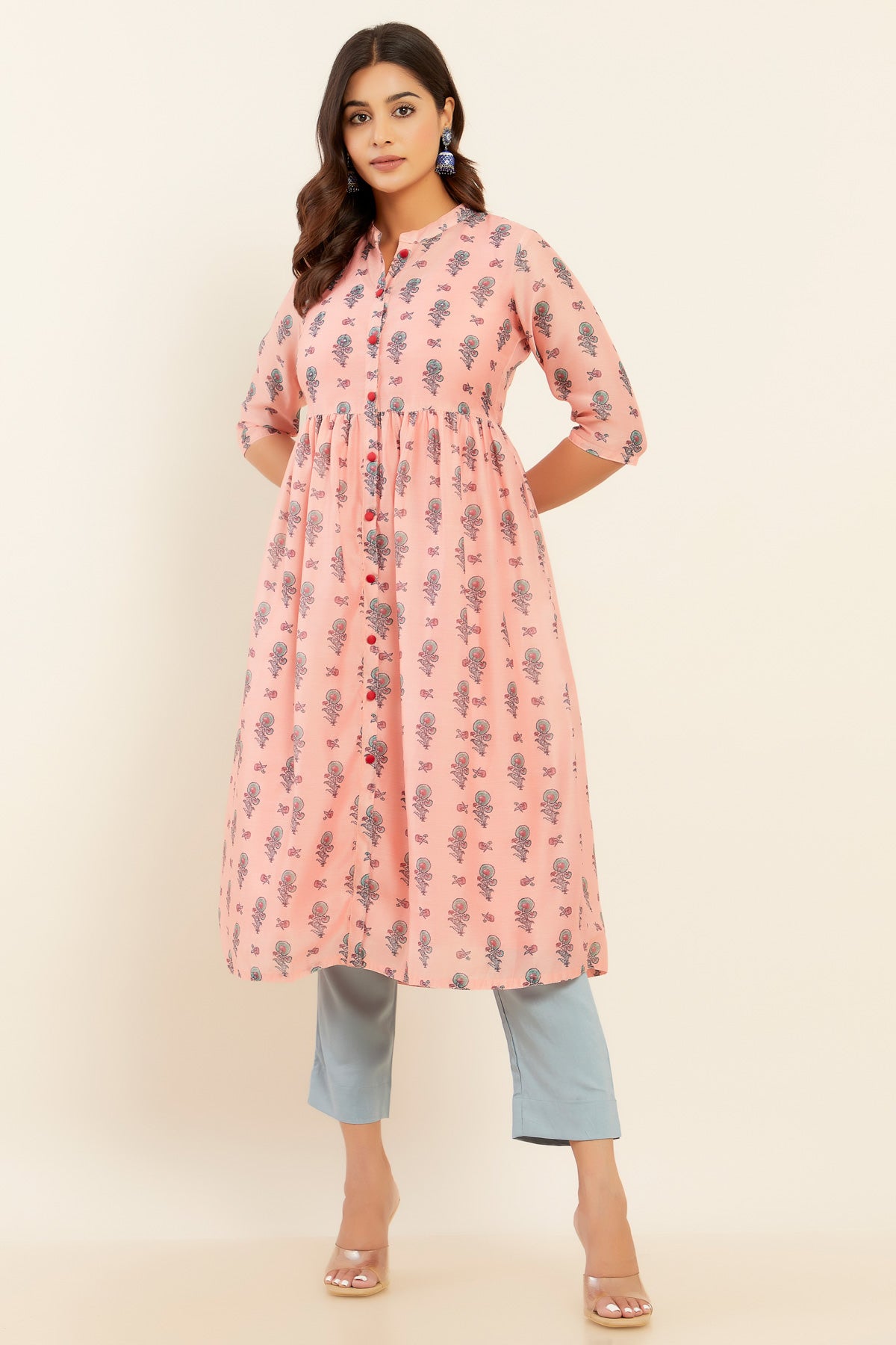 Contrast All Over Floral Printed Kurta Peach