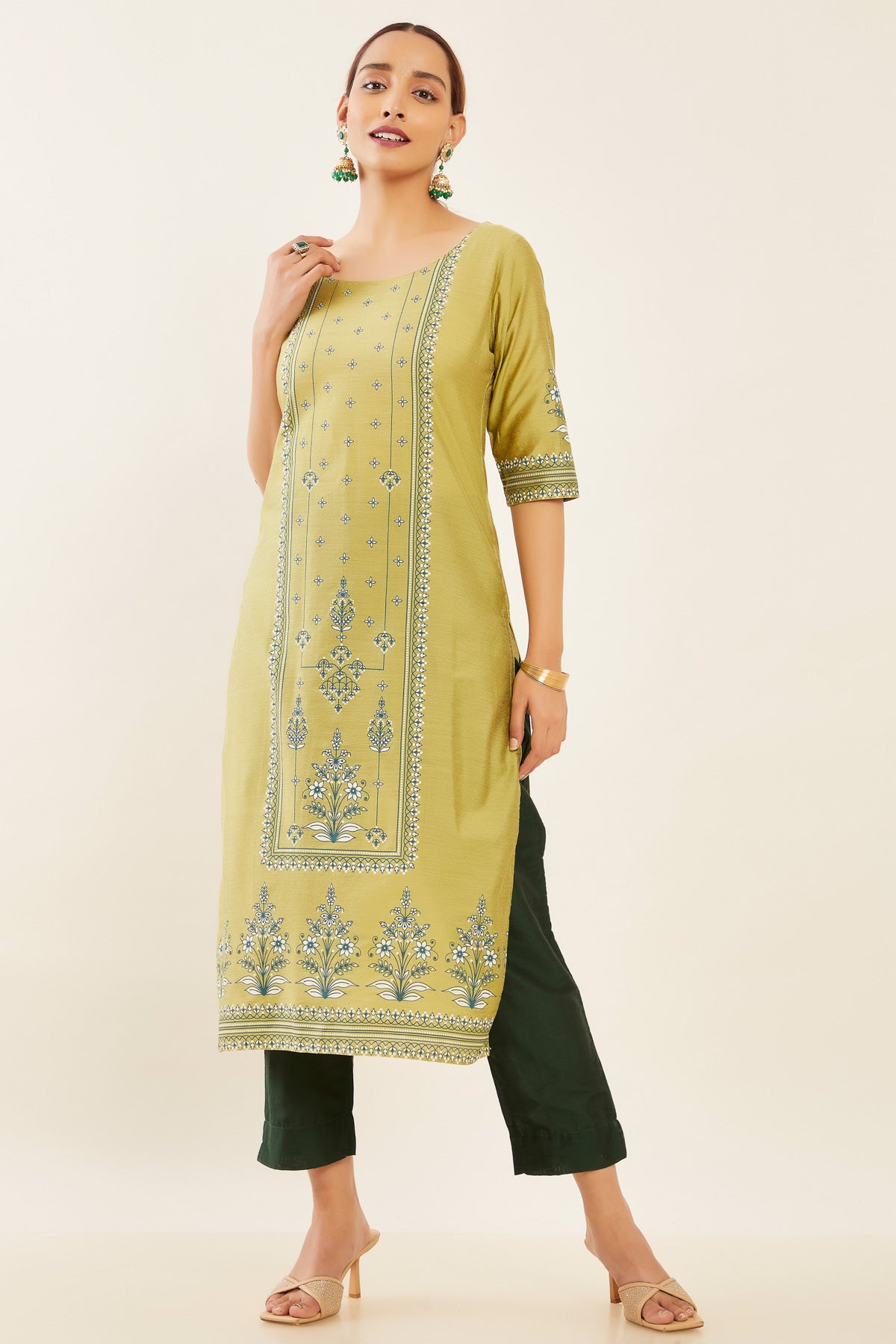 Contrast Botanical Floral Printed Kurta Green