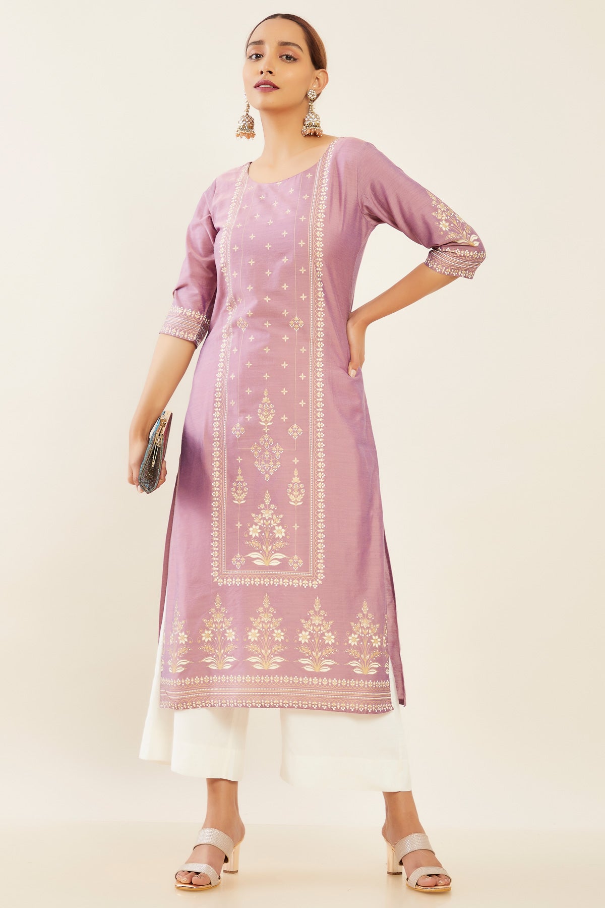 Contrast Botanical Floral Printed Kurta - Purple