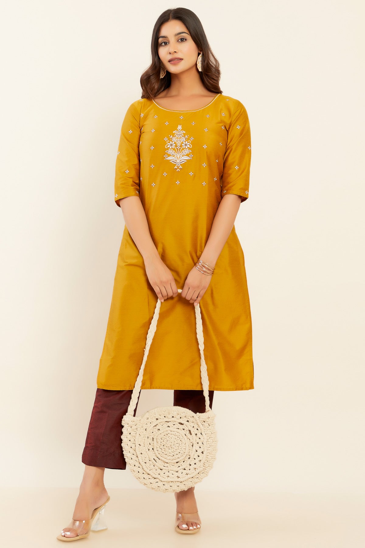 Contrast Floral Embroidered Kurta - Mustard
