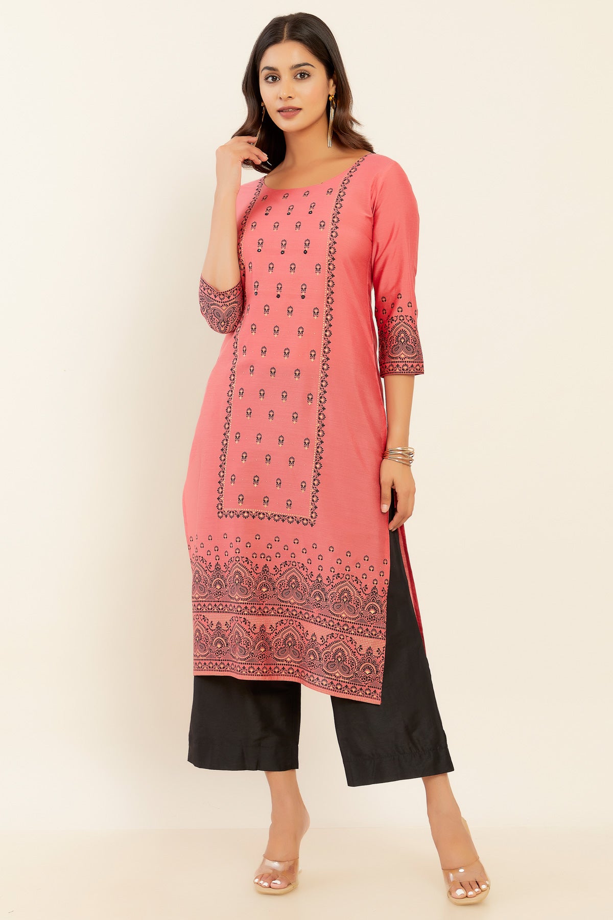 Contrast Butta Printed Kurta - Peach