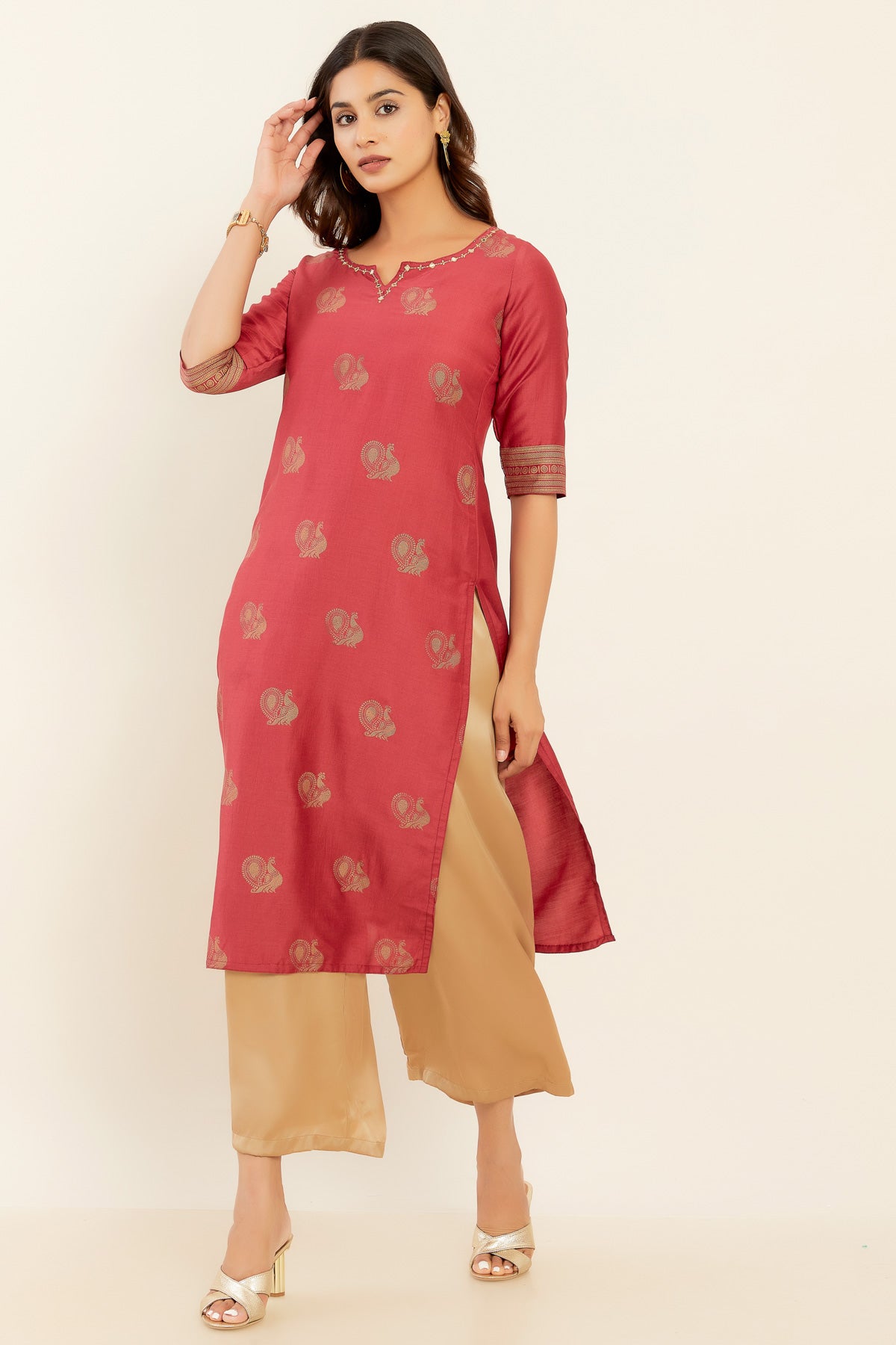 All Over Annam Printed With Embellished Foil Mirror Work Neckline Kurta - Pink