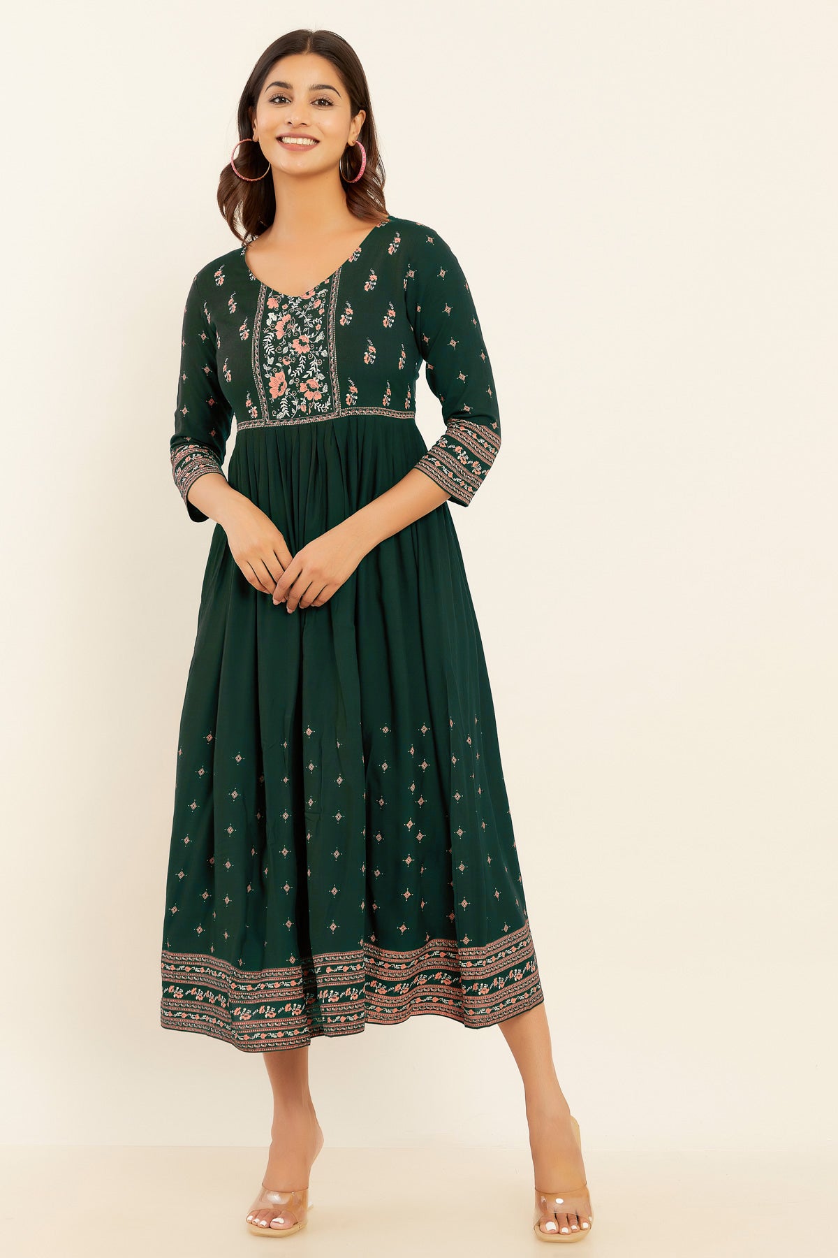 All Over Floral Printed & Pleated A-Line Kurta - Green