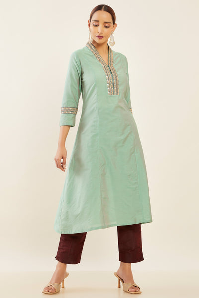 Gold Embellished Placket With Solid Kurta - Green