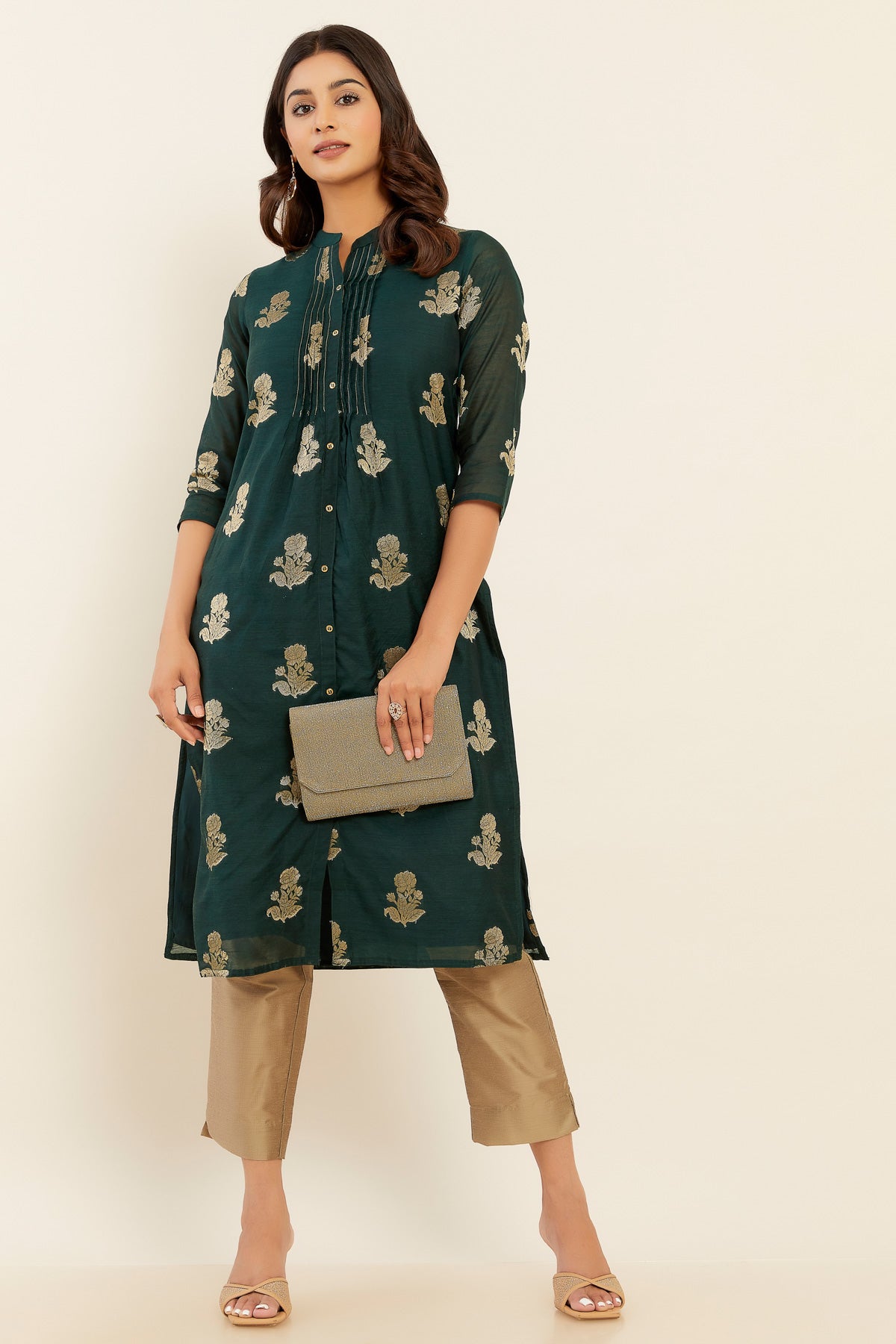 Pintuck Rose Motif Brocade Kurta Green