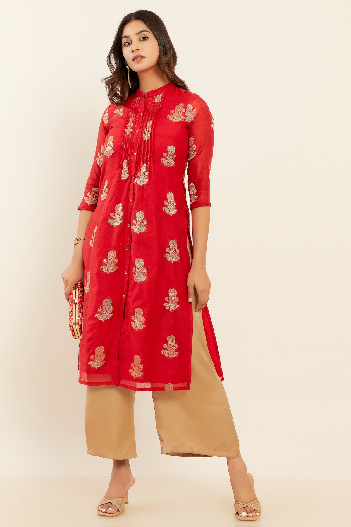 Pintuck Rose Motif Brocade Kurta Red