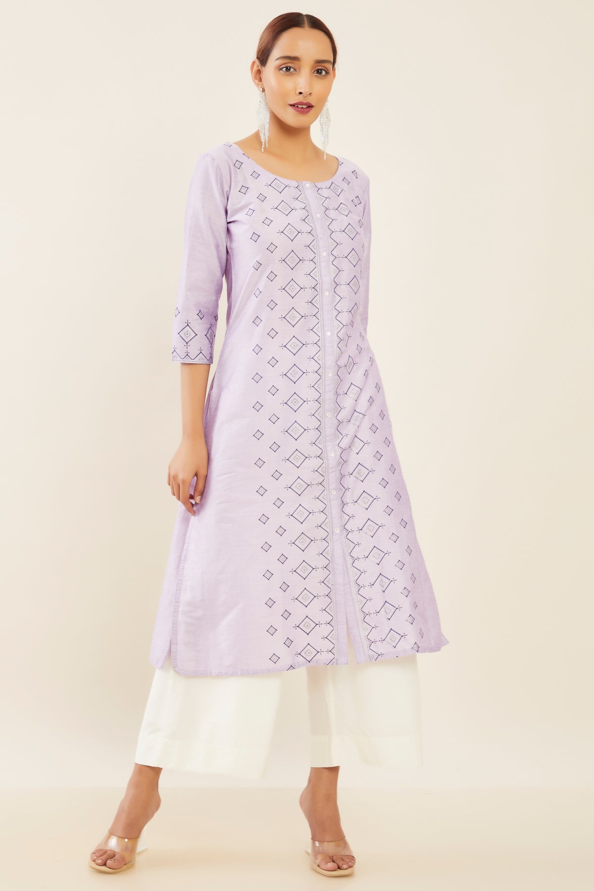 Diagonal Geometric Printed Centre Front Slit Kurta - Purple