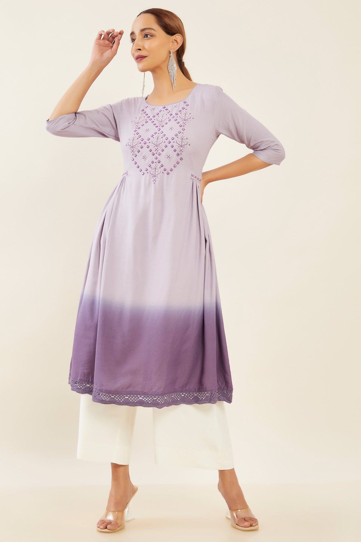 Tie Dye Embroidered With Foil Mirror Kurta Purple