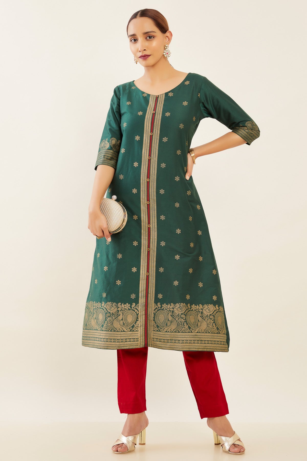 All Over Floral & Peacock Motif Printed A-Line Kurta - Green