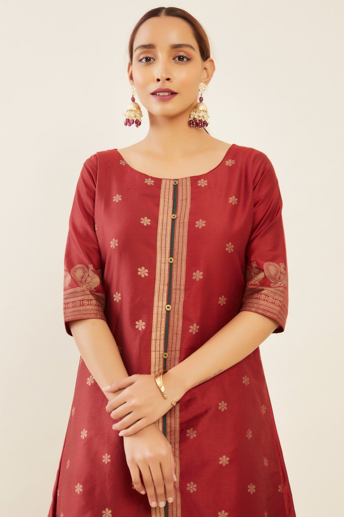 All Over Floral Peacock Motif Printed A Line Kurta Maroon