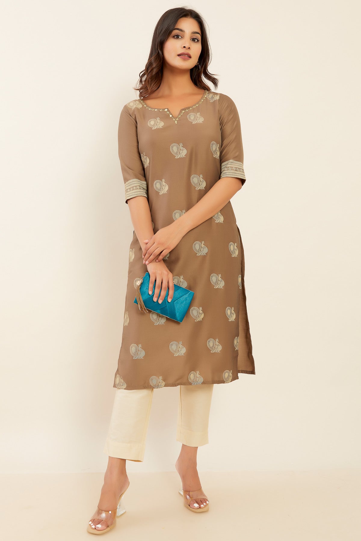 All Over Annam Printed With Embellished Foil Mirror Work Neckline Kurta Brown