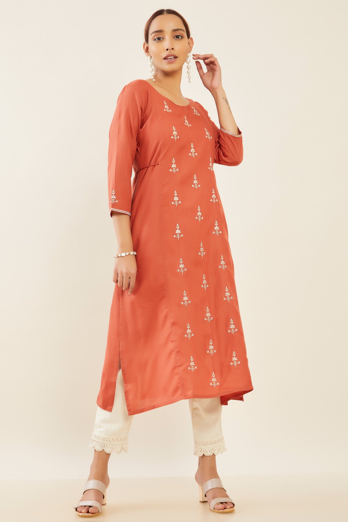 Contrast Floral Embroidered With Tie Up String Kurta Rust Orange