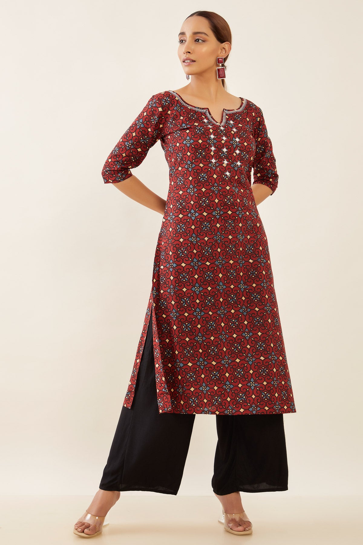 All Over Floral Printed & Foil Mirror Embroidered Kurta - Maroon