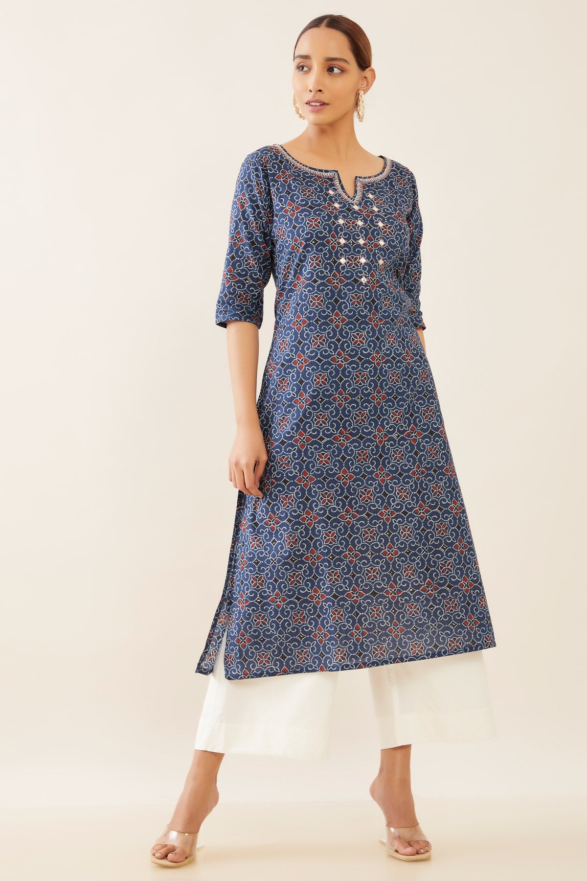 All Over Floral Printed & Foil Mirror Embroidered Kurta - Blue